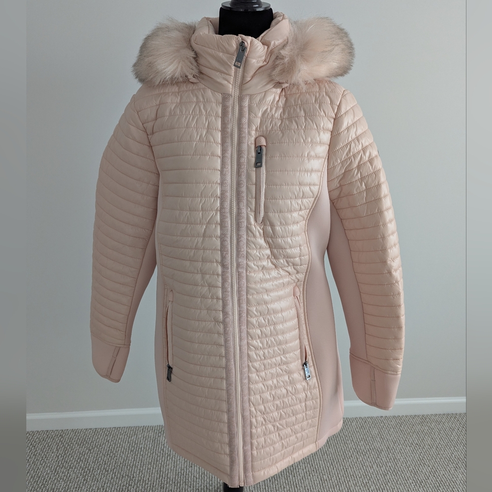 Michael Kors Blush Quilted Puffer Jacket with Faux Fur Hood